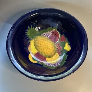 Talavera Mexican Pottery Bowl Large 16” Hand Crafted Art Blue Painted Fruit